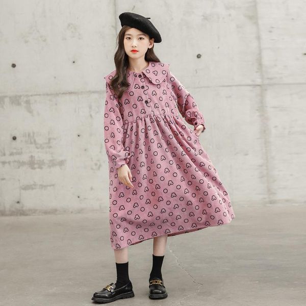

girl's dresses 10 12 years girls corduroy long dress autumn winter 2021 casual sweet print pocket teen muslim girl clothes, Red;yellow