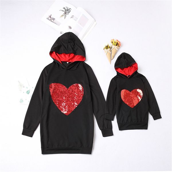 

sequined heart-shaped parent-child hooded sweater mom and daughter matching clothes family matching outfits kids sweatshirt, Blue