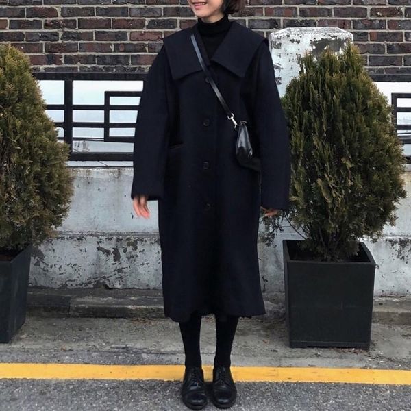 

women's wool & blends retro style navy collar loose medium and long woolen coat korean women clothing winter clothes for abrigos mujer, Black