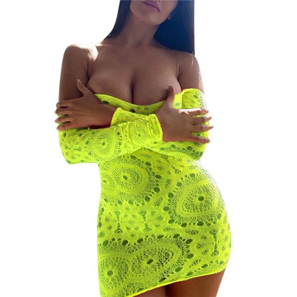 

casual dresses women hollow out see-through dress long sleeve boat neck off-the-shoulder mesh fishnet summerbodycon club party, Black;gray