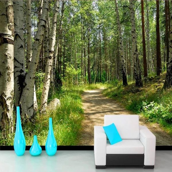 

wallpapers custom murals self adhesive wallpaper 3d green forest birch path po wall painting living room tv sofa background decor