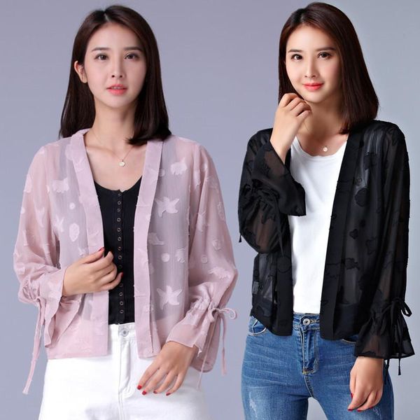 

women's jackets big size spring autumn women fashion puff sleeve 3d print bolero ladies female plus largechiffon cardigan jacket coat, Black;brown