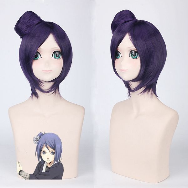 KONAN COSPLAY PARÇLARI Kadınlar Için Anime Parti 30 cm Kısa Mor Düz Sentetik Saç Bir Bun + Peruk Kap