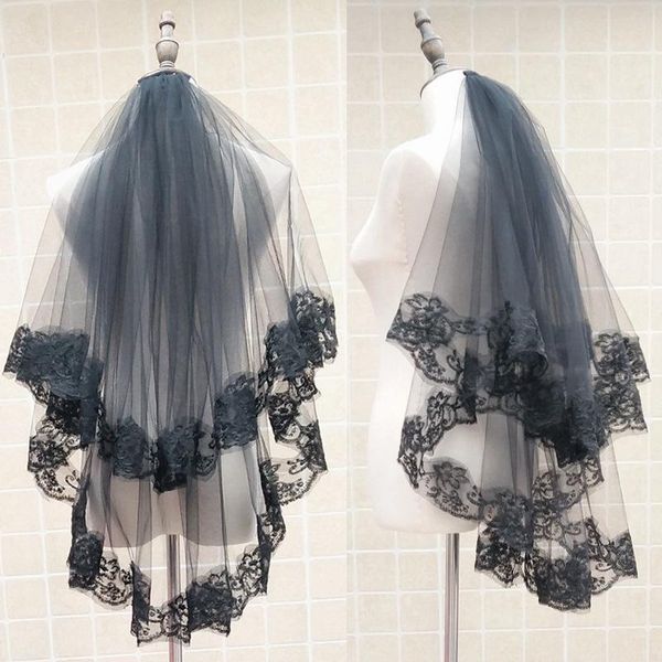 

bridal veils two-layers black veil embroidery floral lace edge mantilla wedding with comb women girl party cosplay
