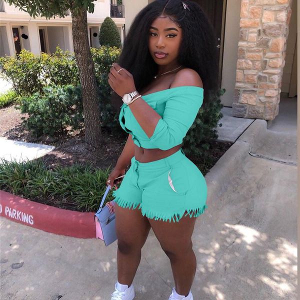 

women's tracksuits wsevypo safari style two pieces suits women solid color shorts sets summer streetwear off shoulder crop +ripped 4xl, Gray