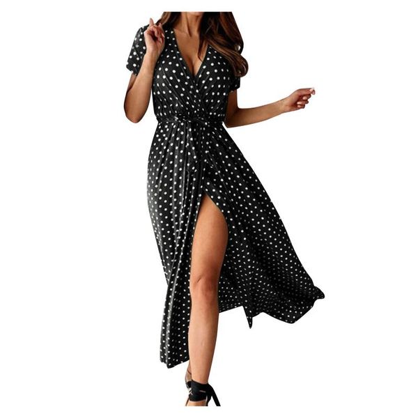 

casual dresses womens boho deep v neck polka dots print baggy tunic long pleated dress loose summer beach holiday sundress #t3g, Black;gray