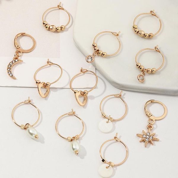 

hoop & huggie 6 pairs heart shell star moon pearl circle earrings for women girls street engagement party beach jewelry fashion gifts, Golden;silver