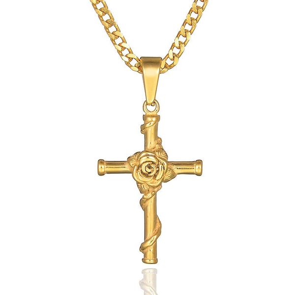 

pendant necklaces 5 piece set wholesale price stainless steel rose flower cross pendants necklace for women men lovers charm jewlery, Silver