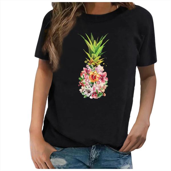 

funny pineapple print short sleeve women t shirt casual femme loose tee for summer clothes woman fashion top, White