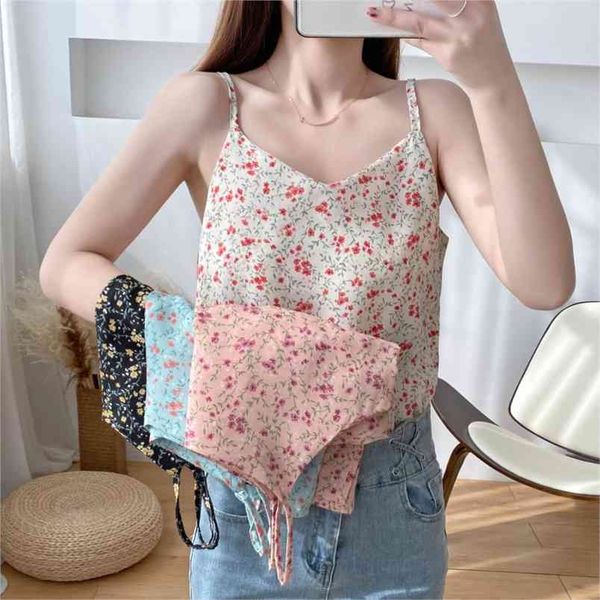 Verão Praia Estilo Floral Impressão Branco Mulheres Camis Slim Spaghetti Strap Blouse Top Fashion Center Tank Atacado 210507