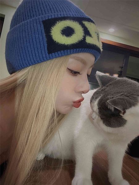 

autumn winter knitted hat net red same simple versatile plush thickened wool hat signature east gate letter hat zy, Blue;gray