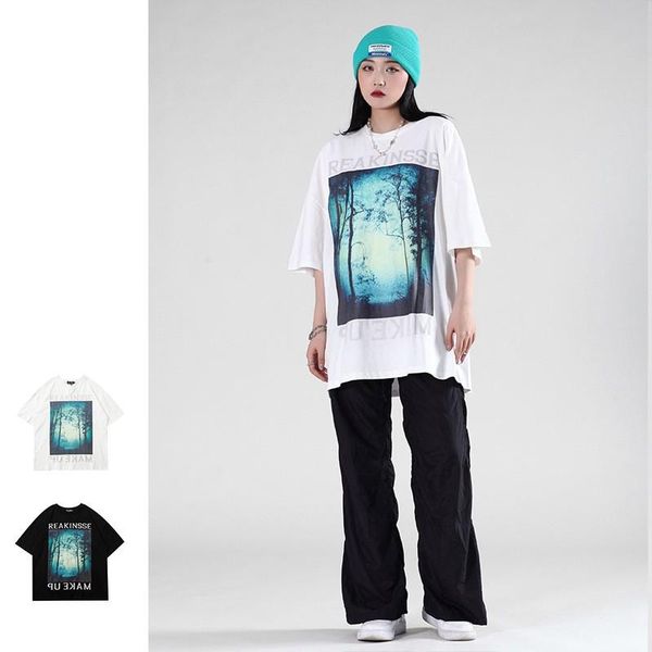 

men's t-shirts trendy art abstract realistic printed couple pure cotton short sleeve t-shirt hip hop retro loose oversized casual, White;black