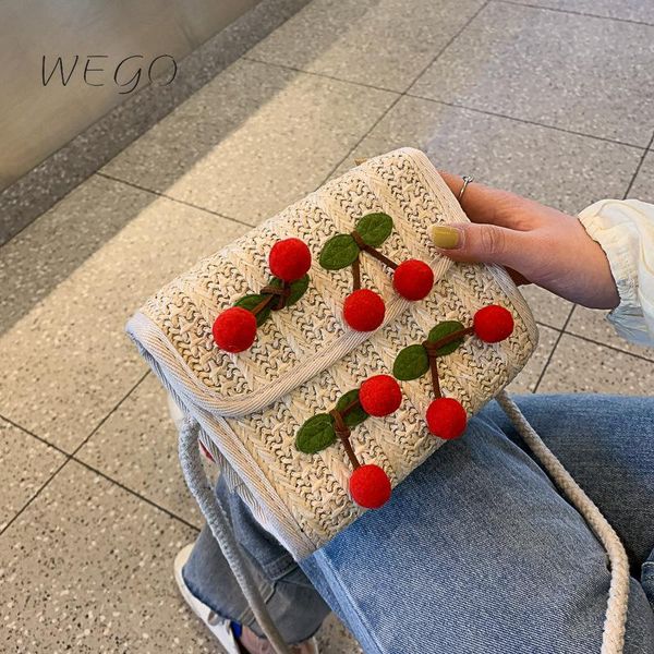 

women's 2021 summer korean fashion beach bag straw messenger girl cherry woven boho small shoulder bags