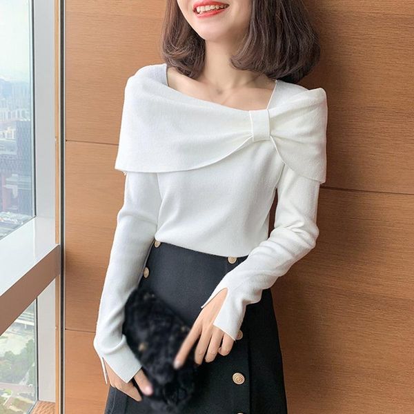 

women's t-shirt autumn winter korean retro elegant design solid color knitted neckline long sleeve for women, White