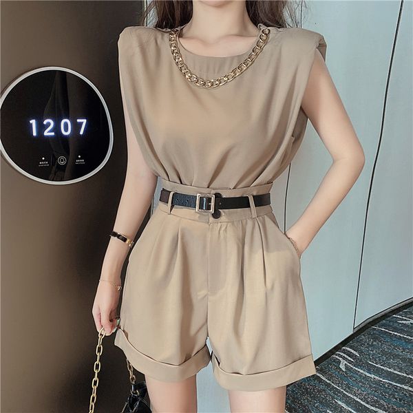 

women's two piece pants 2021 summer suit female metal chain + high waist wide leg shorts fashion western style two-piece ins 6, White