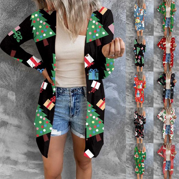 

2021 new women's printed fashion button long sleeve cardigan, White
