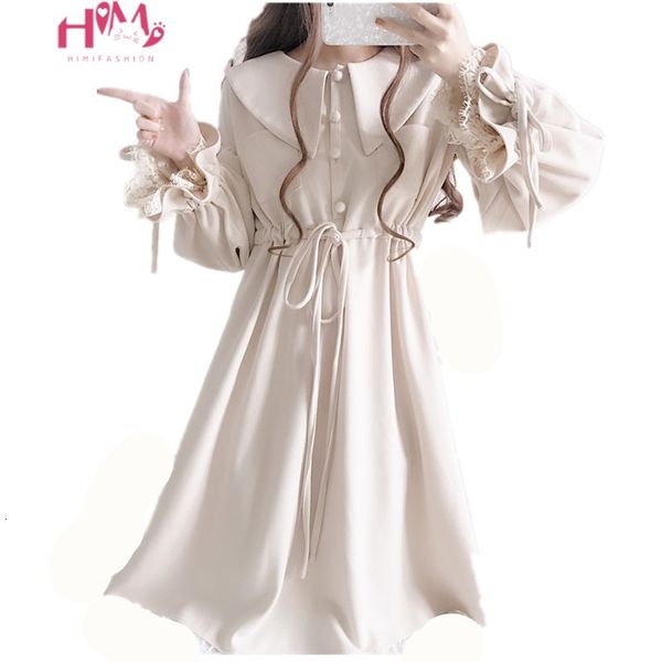 

spring preppy women black cute loose peter pan collar vintage bandage vestidos sweet button up elegant lace party es, Black;gray