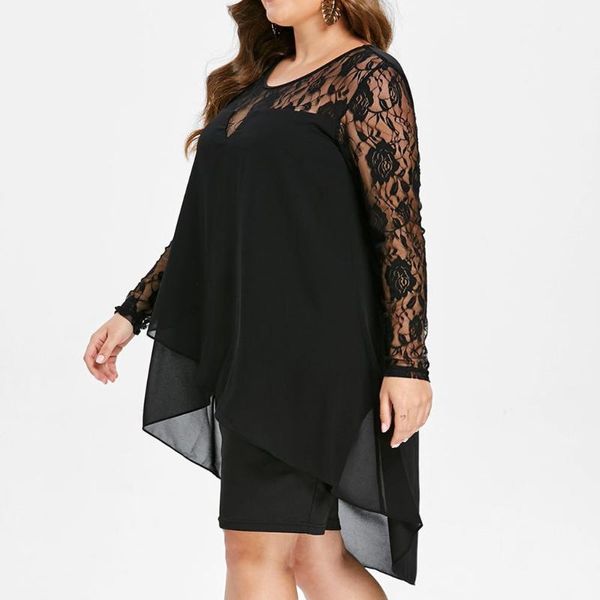 

fashion women casual dresses lace sleeve long irregular hem dress plus size o neck swing elbise #t2g skirts, Black