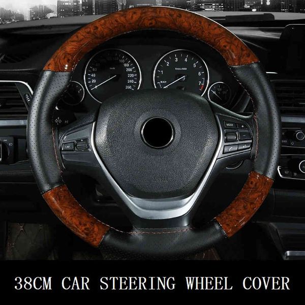 

fzavccar 38cm noble wooden pattern leather steering braiding wheel cover of car with needle and thread