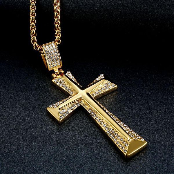 

hip hop iced out big cross pendant necklaces male gold color stainless steel christian necklace for men jewelry drop, Silver