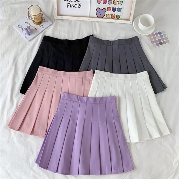 

black solid summer high waist women skirts gothic anti glare a line pleated short purple ins tide ulzzang