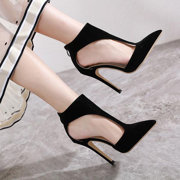 

summer ladies sandals black back zipper super high heels stiletto pointed toes women's shoes party