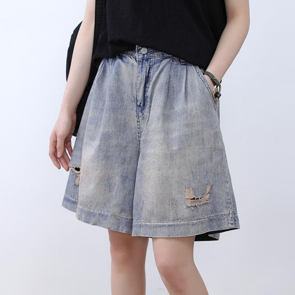 

women's jeans denim pants women solid color female high-waiste shorts loose straight wide leg casual hole, Blue
