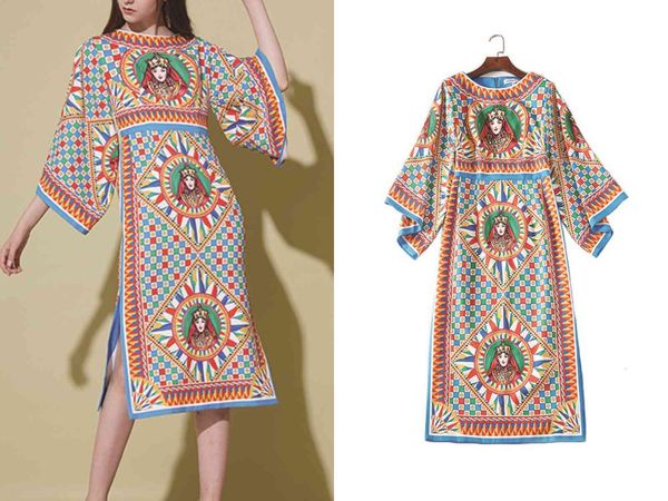 

runway dresses european and american spring catwalk with the round neck trumpet sleeves printed fashion temperament dress i3s3, Black