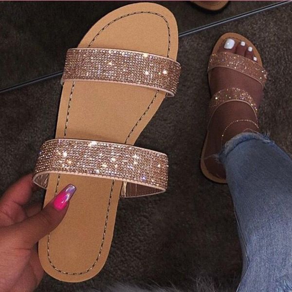 

women's sandals fashion roman style flat slippers casual beach indoor&outdoor shoes shining diamond a512, Black