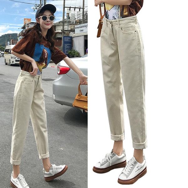 

women's jeans 2021 loose plus velvet pants straight carrot high waist, Blue
