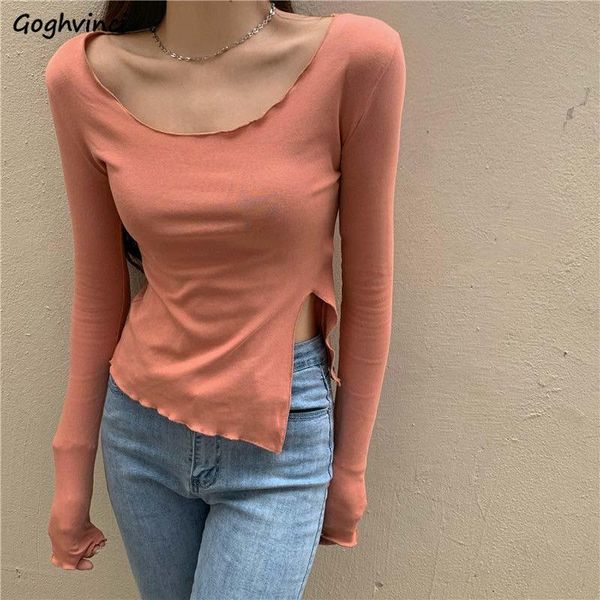 

women's t-shirt women skinny t-shirts square collar side-split design long sleeve slender tshirt ol gentle high street womens te, White