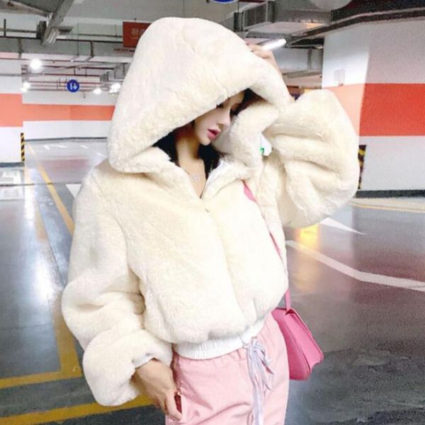 

women's fur & faux winter bomber jacket teddy zipper streetwear high waist furry hooded plush cardigan wool parka, Black