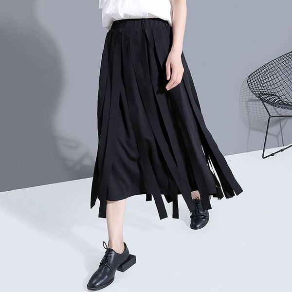 

[eam] high elastic waist black ribbon split joint temprament half-body skirt women fashion tide new spring autumn 1x68201