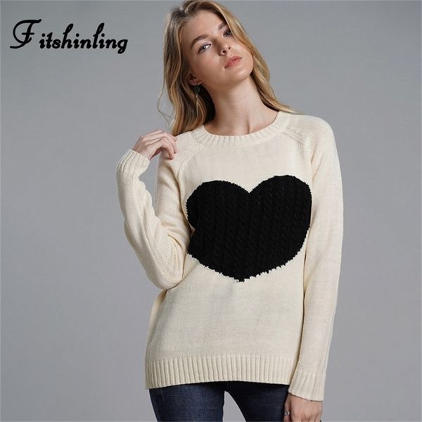 

fitshinling heart patchwork lady's sweater casual slim pullover female clothes knitwear autumn winter cute sweaters for women 210714, White;black