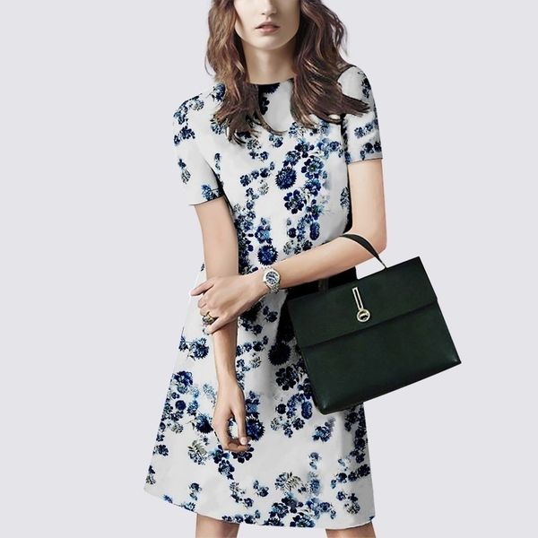 

arrival summer blue flower print dresses vintage women's short sleeve o-neck slim high waist slim office dress vestidos 210514, Black;gray
