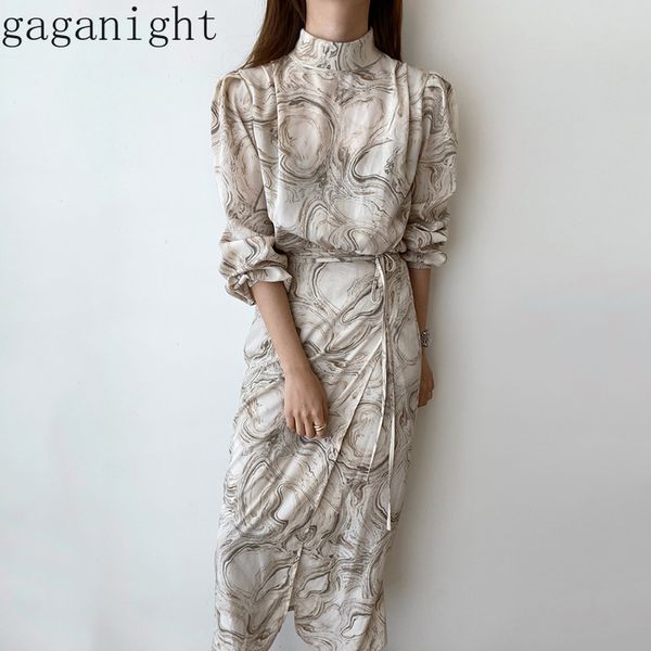 Gaganight vintage elegante mulheres maxi vestido de festa de manga comprida florescendo padrão abstrato slim vestidos split vestidos primavera verão vestidos 210519