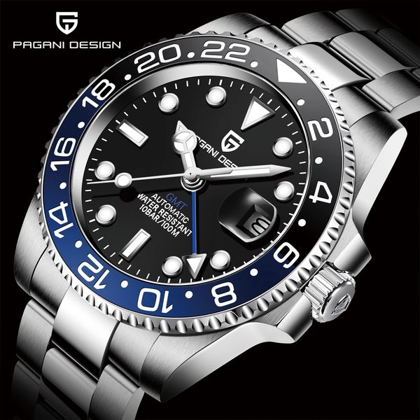 

pagani design new luxury men mechanical wristwatch stainless steel gmt watch brand sapphire glass men watches reloj hombreg, Slivery;brown