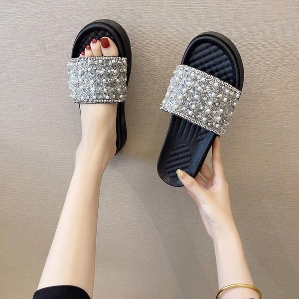 

slippers flat shoes female low womens outdoor string bead slides fashion platform pantofle summer luxury 2021 beach rome pu, Black