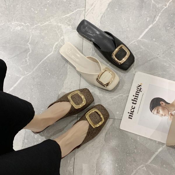 

slippers 2021 fashion female outdoor solid color square head metal decoration simple temperament one pedal leisure u30-12, Black