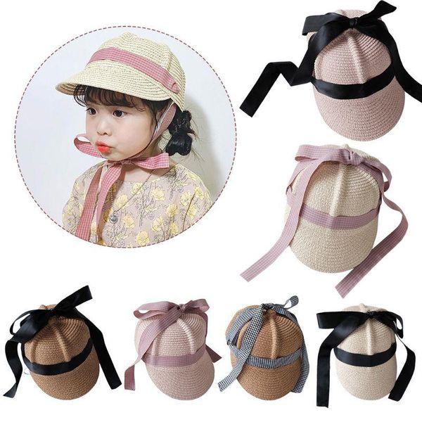 

child kids summer woven straw baseball cap sweet plaid ribbon bowknot sunscreen visor outdoor party snapback peaked hat caps & hats, Yellow