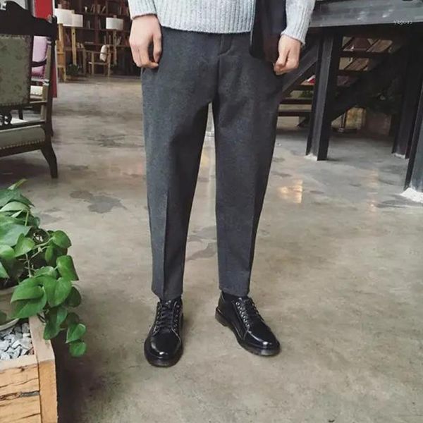 

men's suits & blazers men trousers dark gray thick wool pants tweed slim fit casual business dress for wedding groom costumes 2021, White;black