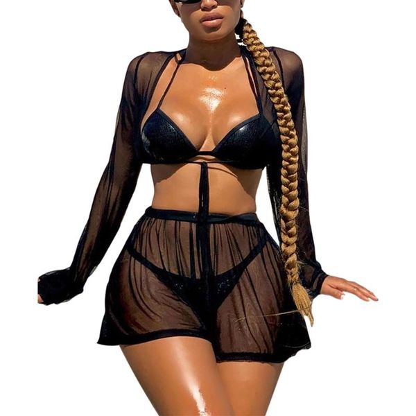 

women's swimwear fashion see through 2 piece bikini cover ups women long sleeve v neck lace up crop cardigan+shorts beachwear, White;black
