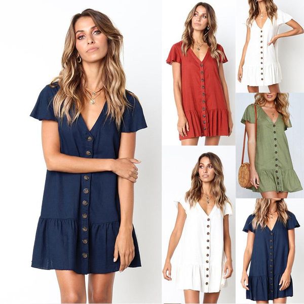 

casual dresses 2021 women vintage ruffle button a-line mini dress v neck solid loose short fashion summer elegant party, Black;gray