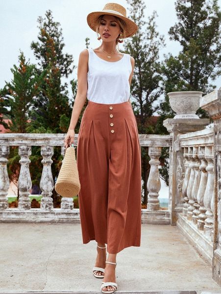 

button detail wide leg pants o57z#, Black;white