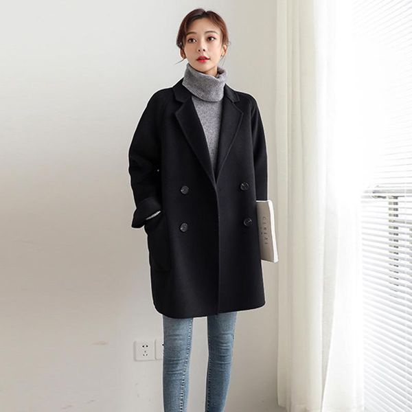 

women's wool & blends 2021 winter coat women jackets long sleeve double breasted fashion female suit causal loose elegant black outwear