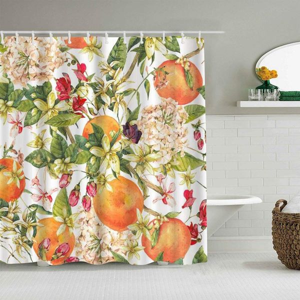 

shower curtain orange watercolor blooming flower twig summer botanical natural fresh waterproof bath liners hooks included