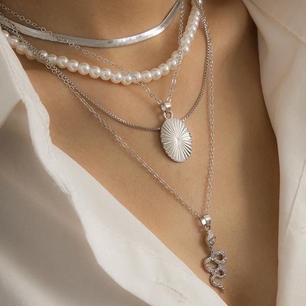 

chains multilayer snake pendant chain necklace for women gold silver color imitation pearl choker necklaces 2021 jewelry