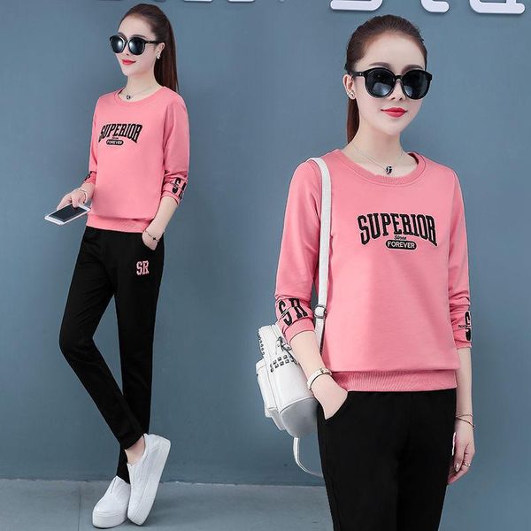 

women's tracksuits cotton two piece suit women spring autumn plus size loose casual sweater fashion letter print 2 set red pink white, Gray