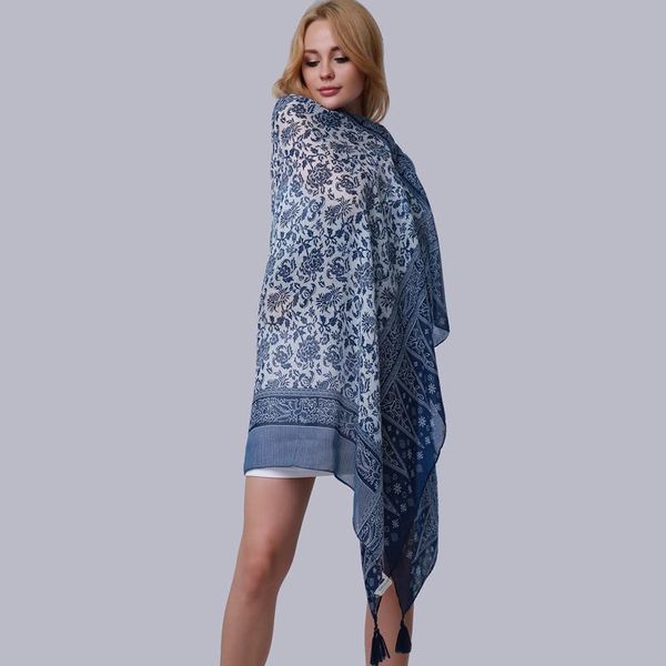 

scarves female pashmina shawls women blue scarf fashion summer porcelain print tassel wraps vaction bufandas mujer, Blue;gray