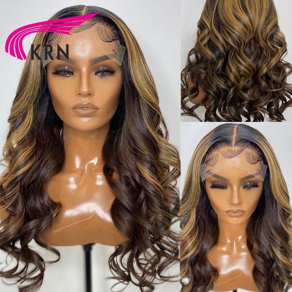 

honey blonde ombre lace front wig remy highlight brazilian body wave with baby hair human wigs, Black;brown